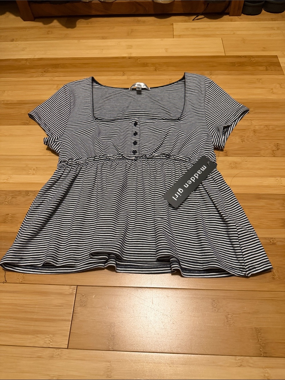 Madden Girl Navy and White Striped Short Sleeve Peplum Top